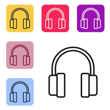 Siyah çizgi kulaklık simgesi beyaz arkaplanda izole edildi. Kulaklıklar. Müzik, hizmet, iletişim ve operatör konsepti. Renkli kare düğmelerle simgeleri ayarla. Vektör.