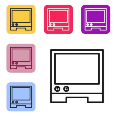 Siyah çizgi ses yardımcısı simgesi beyaz arkaplanda izole edildi. Ses kontrol arayüzü akıllı hoparlör. Renkli kare düğmelerle simgeleri ayarla. Vektör.