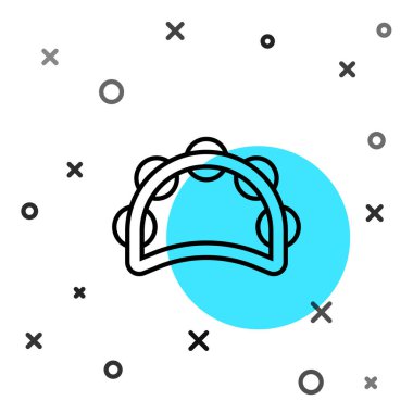 Siyah çizgi müzik aleti perküsyon tef, metal plaka ikonu beyaz arka planda izole. Rastgele dinamik şekiller. Vektör.