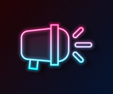 Parlayan neon hattı bisiklet başlıklı lamba ikonu siyah arkaplanda izole edildi. Bisikletli yol sporu gece lambası. Vektör.