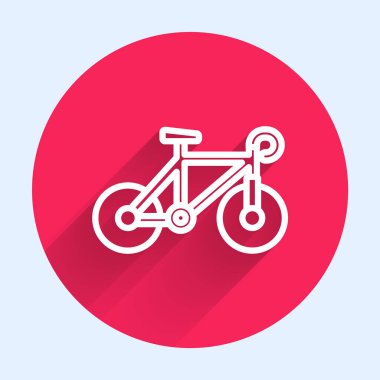 Beyaz çizgi bisiklet ikonu uzun gölgeli izole edilmiş. Bisiklet yarışı. Olağanüstü bir spor. Spor malzemeleri. Kırmızı daire düğmesi. Vektör.