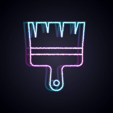 Parlayan neon çizgisi fırça simgesi siyah arkaplanda izole edildi. Vektör.