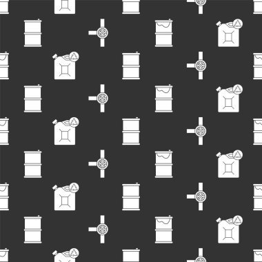 Fıçı yağı sızıntısını, Eko yakıt tüpünü, fıçı yağı ve sanayi borularını ve kapakçığı kusursuz desene ayarlayın. Vektör.