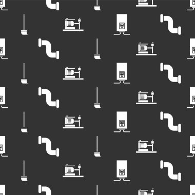 Gaz kazanını yanan bir ateşle, endüstriyel metalik boruyla, paspas ve elektrik pompasını pürüzsüz bir şablona ayarla. Vektör.