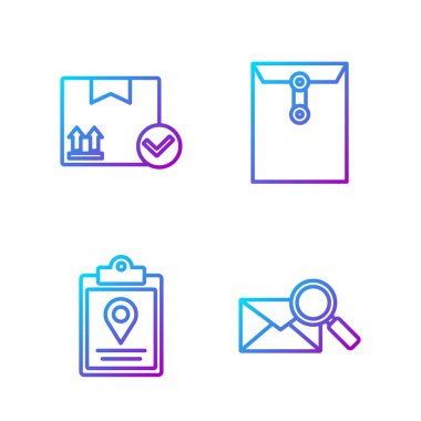 Satır Zarfı büyüteçle, Belge takip işaretleyici sistemiyle, İşaretli ve Zarflı paket kutusuyla ayarlayın. Renk simgeleri. Vektör.