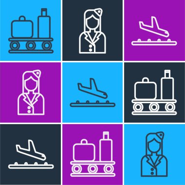 Havaalanı konveyör bandını bavulla, uçak inişi ve hostes ikonu ile ayarla. Vektör.