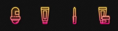 Çivi törpüsü, terleme önleyici deodorant rulosu, krem losyon kozmetik tüp ve... Parlayan neon ikonu. Vektör.