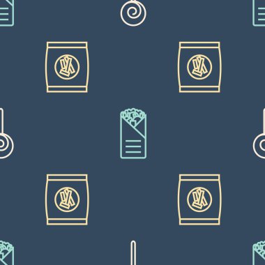 Lollipop, Kraker, Kraker ve Doner kebabını kusursuz desenlere ayarlayın. Vektör.