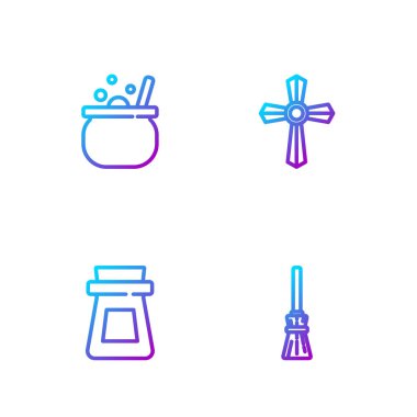 Cadı süpürgesi, iksirli şişe, cadılar bayramı cadı kazanı ve Tombstone haçı. Renk simgeleri. Vektör.