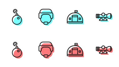 Askeri kışla, bomba, miğfer ve keskin nişancı görüş ikonu hazır olsun. Vektör.