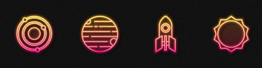 Roket gemisi, Güneş Sistemi, Gezegen ve Güneş. Parlayan neon ikonu. Vektör.