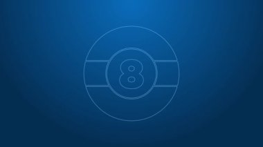 Beyaz çizgi bilardo bilardo topu. Mavi arka planda 8 numaralı ikon izole edilmiş. 4K Video hareketli grafik canlandırması