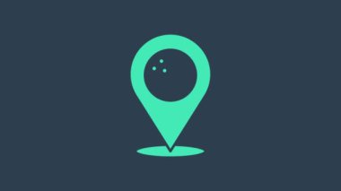 Mavi arka planda izole edilmiş bovling topu ikonu olan turkuaz harita işaretçisi. Spor malzemeleri. 4K Video hareketli grafik canlandırması