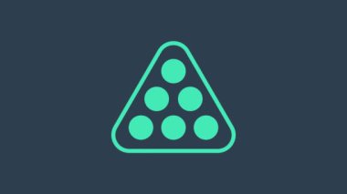 Turkuaz bilardo topları mavi arka planda izole edilmiş bir askı üçgeni ikonunda. 4K Video hareketli grafik canlandırması