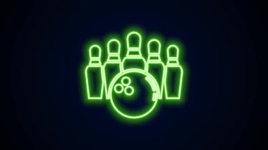 Parlayan neon hattı, siyah arka planda izole edilmiş bovling lobutları ve top ikonu. Spor malzemeleri. 4K Video hareketli grafik canlandırması