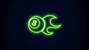 Parlak neon hattı bilardo topu. Siyah arka planda 8 numaralı ikon izole edilmiş. 4K Video hareketli grafik canlandırması