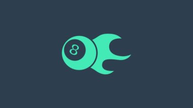 Turkuaz bilardo bilardo topu. Mavi arka planda 8 numaralı ikon izole edilmiş. 4K Video hareketli grafik canlandırması