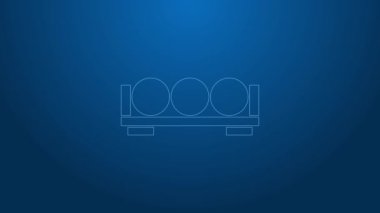 Mavi arka planda izole edilmiş beyaz çizgi bilardo topları. Rafta bilardo topları var. 4K Video hareketli grafik canlandırması