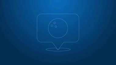 Mavi zemin üzerinde bowling topu simgesi olan beyaz çizgi haritası işaretçisi. Spor malzemeleri. 4K Video hareketli grafik canlandırması