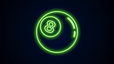 Parlak neon hattı bilardo topu. Siyah arka planda 8 numaralı ikon izole edilmiş. 4K Video hareketli grafik canlandırması