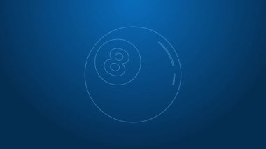 Beyaz çizgi bilardo bilardo topu. Mavi arka planda 8 numaralı ikon izole edilmiş. 4K Video hareketli grafik canlandırması