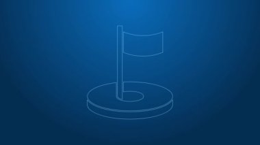 Mavi zemin üzerinde bayrak simgesi olan beyaz çizgi golf deliği. 4K Video hareketli grafik canlandırması