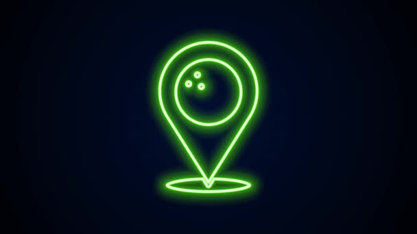 Gloeiende neon lijn Kaartaanwijzer met bowlingbal pictogram geïsoleerd op zwarte achtergrond. Sportuitrusting. 4K Video motion grafische animatie — Stockvideo