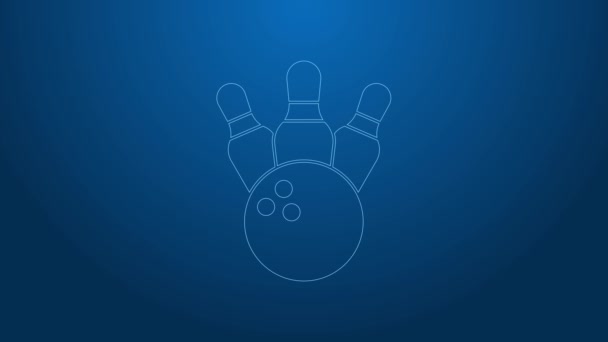 White line Bowling pin and ball icon isolated on blue background. Sport equipment. 4K Video motion graphic animation — Stock Video