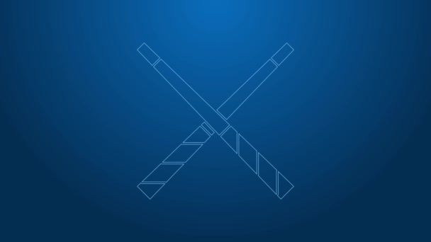 White line Crossed billiard cues icon isolated on blue background. 4K Video motion graphic animation — Stock Video