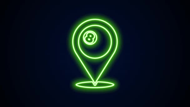 Gloeiende neon lijn Map pointer met biljart pool snooker bal met nummer 8 pictogram geïsoleerd op zwarte achtergrond. 4K Video motion grafische animatie — Stockvideo