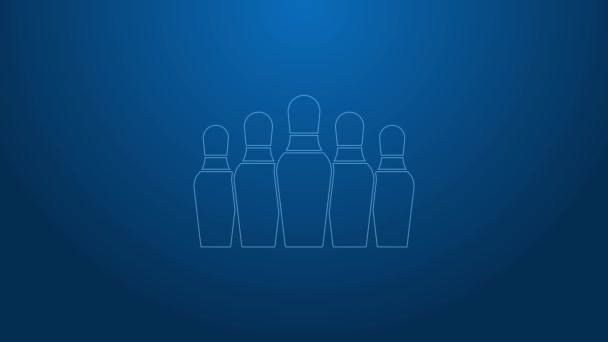 Línea blanca Bowling pin icono aislado sobre fondo azul. Animación gráfica de vídeo 4K — Vídeo de stock