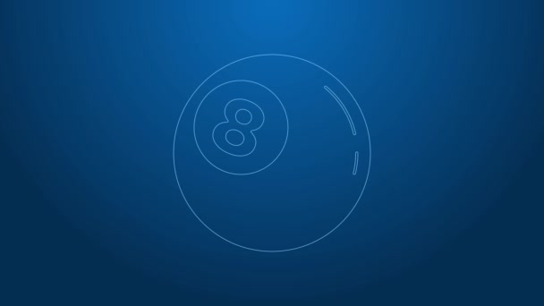 Vit linje Biljard pool snooker boll med nummer 8 ikon isolerad på blå bakgrund. 4K Video motion grafisk animation — Stockvideo