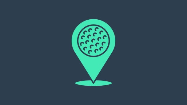Ponteiro de mapa turquesa com ícone de clube de esporte de golfe isolado no fundo azul. Animação gráfica em movimento de vídeo 4K — Vídeo de Stock