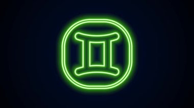 Parlayan neon hattı Gemini burç simgesi siyah arkaplanda izole edildi. Astrolojik yıldız falı koleksiyonu. 4K Video hareketli grafik canlandırması