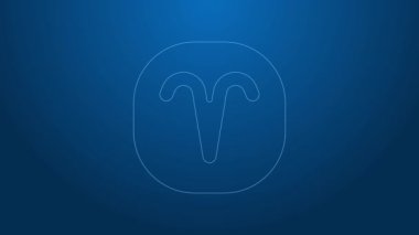 Beyaz çizgi Aries burç simgesi mavi arka planda izole edildi. Astrolojik yıldız falı koleksiyonu. 4K Video hareketli grafik canlandırması