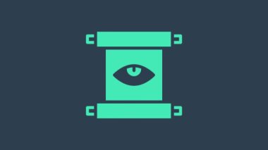 Turkuaz sihirli parşömende simya tarifleri, mistik büyüler ve mavi arka planda izole edilmiş büyü simgeleri var. 4K Video hareketli grafik canlandırması