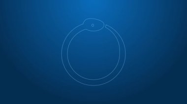 Ouroboros simgesinin beyaz çizgi sihirli sembolü mavi arkaplanda izole edildi. Yılan kendi kuyruğunu ısırıyor. Hayvan ve sonsuzluk, mitoloji ve yılan. 4K Video hareketli grafik canlandırması