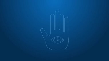 Beyaz çizgi Hamsa el simgesi mavi arkaplanda izole edildi. Fatima 'nın eli - muska, şeytanın gözünden korunmanın sembolü. 4K Video hareketli grafik canlandırması