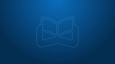 Beyaz çizgi üzerinde simya tarifleri, mistik büyüler ve mavi arka planda izole edilmiş büyü simgeleri olan Eskiler 'in sihirli kitabı. 4K Video hareketli grafik canlandırması