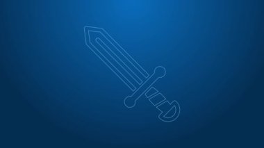Mavi arka planda beyaz çizgi Ortaçağ kılıç ikonu izole edildi. Ortaçağ silahı. 4K Video hareketli grafik canlandırması