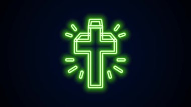 Parlayan neon hattı Hıristiyan çapraz simgesi siyah arka planda izole edildi. Kilise haçı. 4K Video hareketli grafik canlandırması