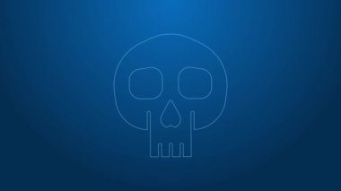 Beyaz çizgi Skull simgesi mavi arkaplanda izole edildi. 4K Video hareketli grafik canlandırması