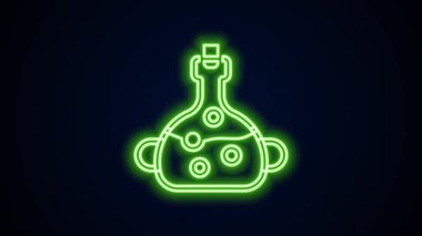 Şişedeki parlak neon çizgisi zehri siyah arka planda izole edilmiş. Bir şişe zehir ya da zehirli kimyasal toksin. 4K Video hareketli grafik canlandırması