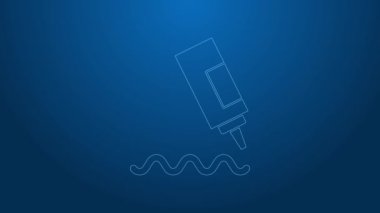 Beyaz çizgili sos şişesi ikonu mavi arka planda izole edilmiş. Ketçap, hardal ve fast food için soslu mayonez şişeleri. 4K Video hareketli grafik canlandırması