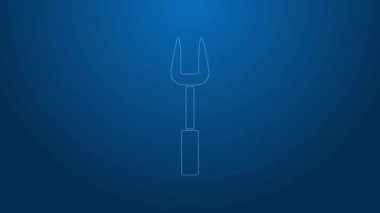 Beyaz çizgi barbekü çatalı simgesi mavi arkaplanda izole edildi. Mangal çatalı tabelası. Barbekü ve ızgara aleti. 4K Video hareketli grafik canlandırması
