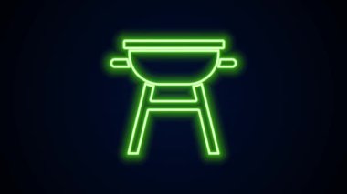 Parlayan neon hattı ızgara ikonu siyah arkaplanda izole edildi. Barbekü ızgara partisi. 4K Video hareketli grafik canlandırması