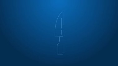 Mavi arka planda beyaz çizgili barbekü bıçağı ikonu var. Mutfak bıçağı ikonu. Barbekü bıçağı işareti. Barbekü ve ızgara aleti. 4K Video hareketli grafik canlandırması