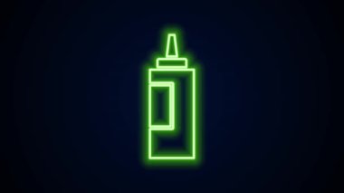 Parlayan neon hattı sos şişesi simgesi siyah arka planda izole edilmiş. Ketçap, hardal ve fast food için soslu mayonez şişeleri. 4K Video hareketli grafik canlandırması