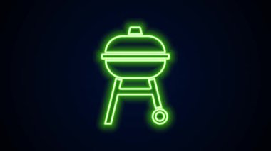 Parlayan neon hattı ızgara ikonu siyah arkaplanda izole edildi. Barbekü ızgara partisi. 4K Video hareketli grafik canlandırması