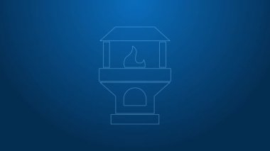 Beyaz çizgi Brick soba ikonu mavi arkaplanda izole edildi. Tuğla şömine, taş ocağı, taş fırını ikonu 4K Video hareketli animasyon